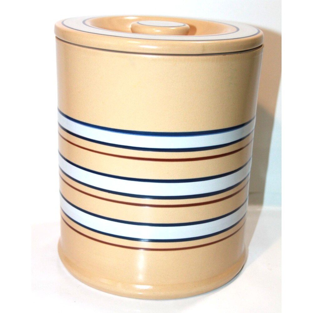 Home Yellow Ware Banded Canister Lid Blue White Stripe Storage Farmhouse 9” - Picture 9 of 9